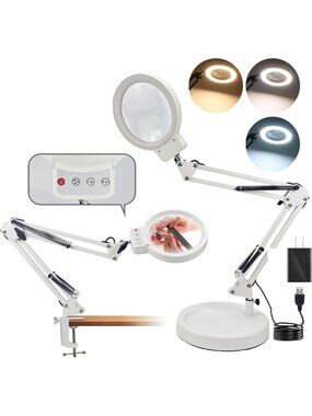 LED Magnifying Lamp with Stand & Clamp - 10X/20X, 3 Color Modes, Dimmable for